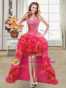 High Class Organza Sleeveless High Low Prom Dress and Beading and Ruffles