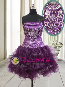 Dark Purple Lace Up Strapless Beading and Ruffles Club Wear Organza Sleeveless