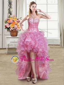 Sweetheart Sleeveless Dress for Prom High Low Sequins Pink Organza