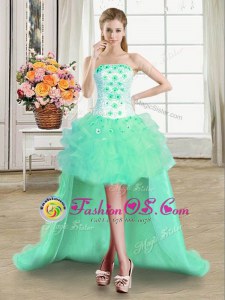 Turquoise Tulle Lace Up Strapless Sleeveless High Low Dress for Prom Beading and Appliques and Ruffles