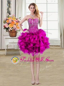 Modern Beading and Ruffles Cocktail Dresses Fuchsia Lace Up Sleeveless Mini Length