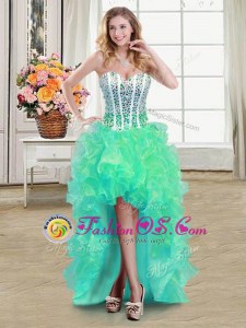 Turquoise Ball Gowns Beading and Ruffles Prom Party Dress Lace Up Organza Sleeveless High Low