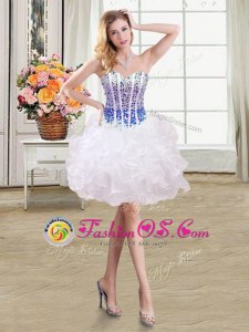 Designer White and Blue Lace Up Dress for Prom Beading and Ruffles Sleeveless Mini Length