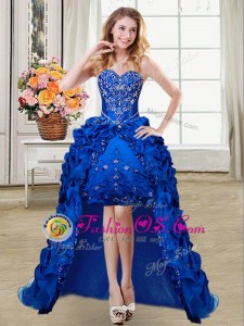 Royal Blue Taffeta Lace Up Prom Party Dress Sleeveless High Low Beading and Embroidery and Pick Ups