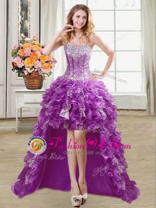 Smart Sequins Purple Sleeveless Organza Lace Up Prom Party Dress for Prom and Party
