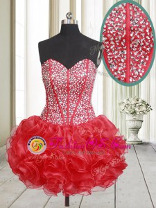 Captivating A-line Prom Evening Gown Red Sweetheart Organza Sleeveless Mini Length Lace Up