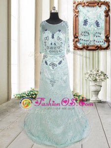 Custom Made Scoop Half Sleeves Beading and Lace Zipper with Apple Green Brush Train