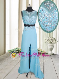 Scoop Floor Length Aqua Blue Prom Dresses Chiffon Sleeveless Beading