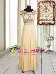 Shining Empire Prom Gown Champagne Scoop Chiffon Cap Sleeves Floor Length Zipper
