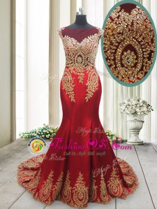 Mermaid Scoop Cap Sleeves Elastic Woven Satin With Brush Train Side Zipper Evening Dress in Red for with Appliques