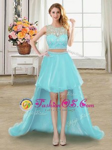 Popular Aqua Blue A-line Tulle Scoop Sleeveless Beading High Low Zipper Evening Dress
