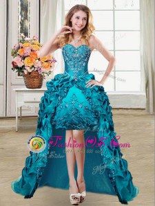 Attractive Teal Ball Gowns Sweetheart Sleeveless Taffeta High Low Lace Up Embroidery and Pick Ups Prom Evening Gown