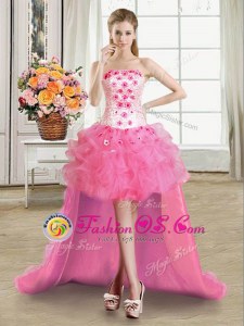 Flare Sleeveless Lace Up High Low Beading and Appliques and Ruffles