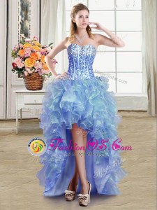 Sequins High Low Ball Gowns Sleeveless Blue Prom Evening Gown Lace Up