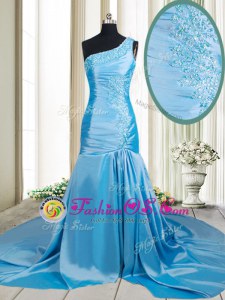 Fancy Mermaid Baby Blue One Shoulder Neckline Beading and Appliques Juniors Evening Dress Sleeveless Zipper