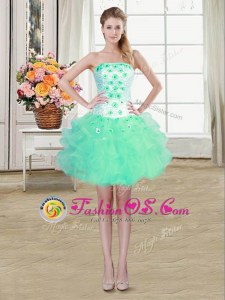 Turquoise Strapless Neckline Beading and Appliques and Ruffles Prom Party Dress Sleeveless Lace Up