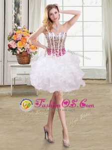 Sleeveless Mini Length Beading and Ruffles Lace Up with White