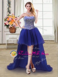Traditional Beading Celebrity Style Dress Royal Blue Lace Up Sleeveless High Low