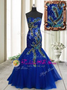 Fantastic Mermaid Blue Tulle Brush Train Sleeveless Beading and Appliques and Sequins