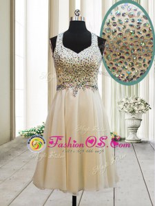Fantastic Straps Champagne Chiffon Side Zipper Sleeveless Knee Length Beading