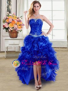 Royal Blue Lace Up Prom Gown Beading and Ruffles Sleeveless High Low
