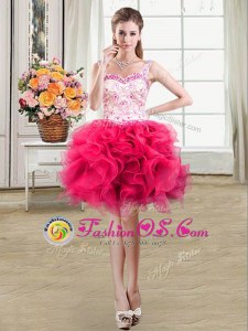 Hot Pink Straps Neckline Beading and Lace and Ruffles Prom Dress Sleeveless Lace Up