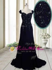 Stunning Navy Blue Zipper Straps Beading Celebrity Style Dress Chiffon Cap Sleeves Brush Train