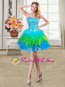 Dynamic Sleeveless Tulle Mini Length Lace Up Homecoming Dress in Multi-color for with Beading and Ruffles