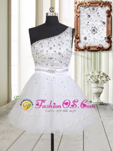 One Shoulder Sleeveless Mini Length Beading Zipper Prom Evening Gown with White