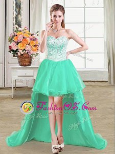 Turquoise Ball Gowns Organza Sweetheart Sleeveless Beading High Low Lace Up Dress for Prom