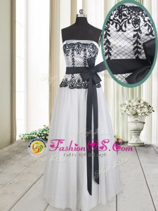 Lace and Bowknot Homecoming Party Dress White And Black Zipper Sleeveless Floor Length