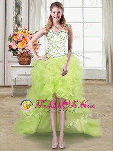Straps Sleeveless High Low Beading and Ruffles Lace Up Prom Evening Gown with Yellow Green