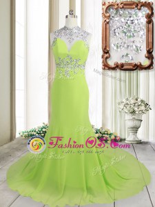 Graceful Yellow Green Column/Sheath High-neck Sleeveless Chiffon Brush Train Backless Beading Celebrity Dress