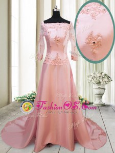 Square Long Sleeves Satin With Brush Train Zipper Mother Of The Bride Dress in Peach for with Beading and Appliques