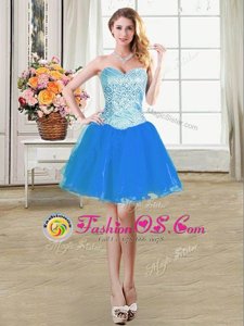 Enchanting Blue Sleeveless Mini Length Beading Lace Up Dress for Prom