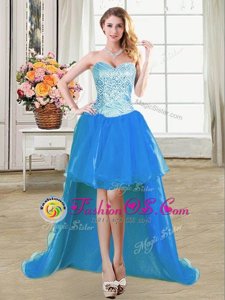 Charming Floor Length Blue Red Carpet Gowns Organza Sleeveless Beading