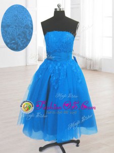 Sleeveless Organza Knee Length Lace Up Dress for Prom in Blue for with Embroidery