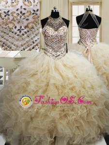 Fantastic Halter Top Champagne Lace Up 15th Birthday Dress Beading and Ruffles Sleeveless Floor Length