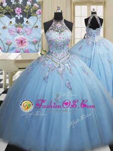 Floor Length Light Blue Vestidos de Quinceanera High-neck Sleeveless Lace Up