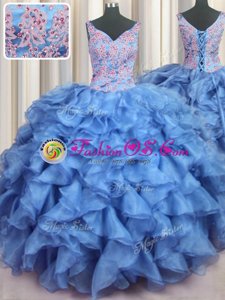 Ruffled V-neck Sleeveless Organza Quince Ball Gowns Appliques and Ruffles Lace Up