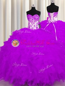 Smart Purple Ball Gowns Organza Sweetheart Sleeveless Appliques and Ruffles Floor Length Lace Up Quinceanera Dresses