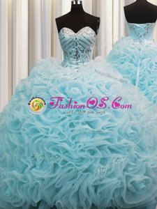 Rolling Flowers Aqua Blue Organza Lace Up Sweetheart Sleeveless 15 Quinceanera Dress Brush Train Beading and Pick Ups
