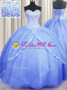 Fine Brush Train Baby Blue Sweetheart Neckline Beading and Appliques Quince Ball Gowns Sleeveless Lace Up