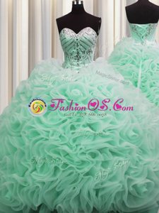 Excellent Brush Train Apple Green Fabric With Rolling Flowers Lace Up Vestidos de Quinceanera Sleeveless Floor Length Beading and Pick Ups