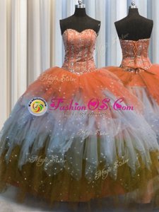 Visible Boning Multi-color Sleeveless Beading and Ruffles and Sequins Floor Length Quinceanera Dresses