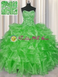 Visible Boning Ball Gown Prom Dress Military Ball and Sweet 16 and Quinceanera and For with Beading and Ruffles Strapless Sleeveless Lace Up