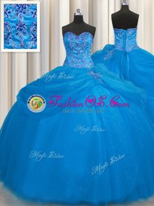 Sumptuous Really Puffy Blue Ball Gowns Beading Quince Ball Gowns Lace Up Tulle Sleeveless Floor Length