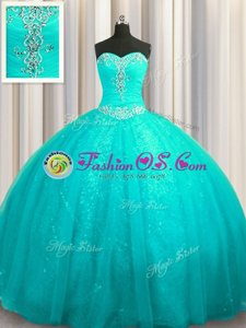 Flirting Aqua Blue Organza and Sequined Lace Up Quinceanera Dresses Sleeveless Court Train Beading and Appliques