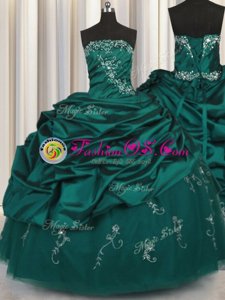 Fancy Peacock Green Ball Gowns Taffeta Strapless Sleeveless Beading and Appliques and Embroidery and Pick Ups Floor Length Lace Up Quince Ball Gowns