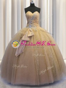 Sleeveless Tulle and Sequined Floor Length Lace Up Quinceanera Dress in Champagne for with Beading and Bowknot
